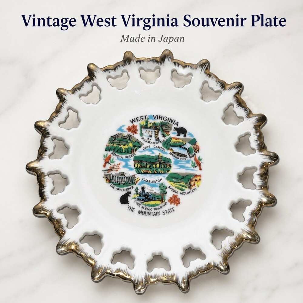 Vintage West Virginia Souvenir Plate Mountain State Scenic Japan Gold Trim